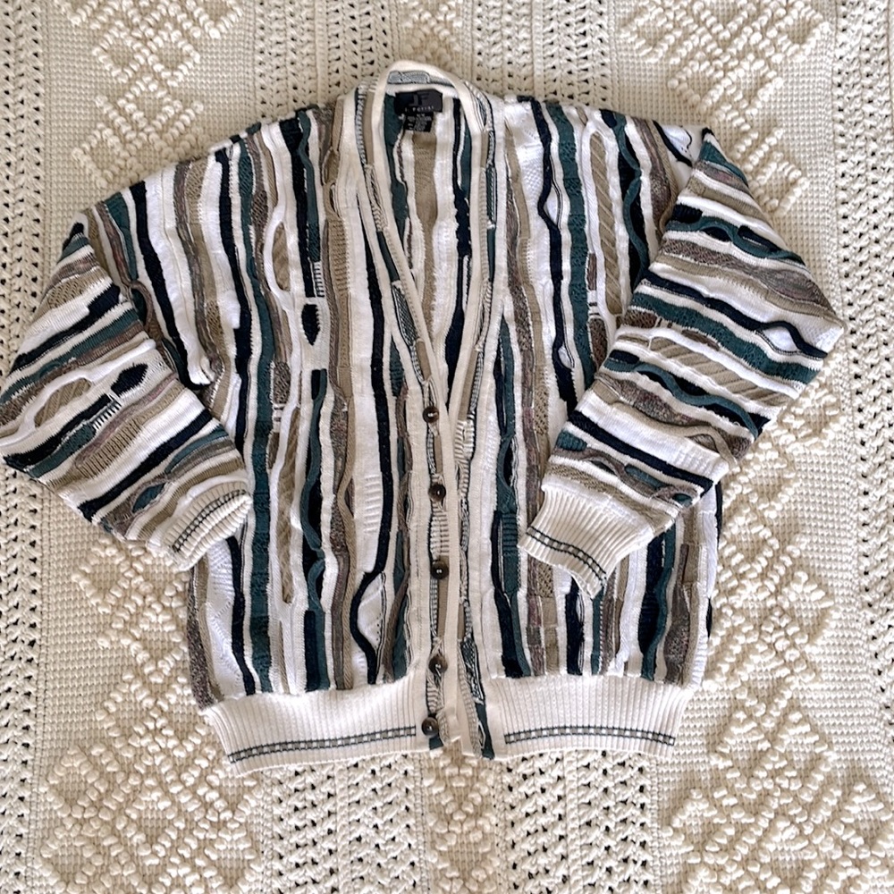 Vintage J Ferrar Coogi Style 3D Texture Sweater Cardigan M Earthy Neutrals